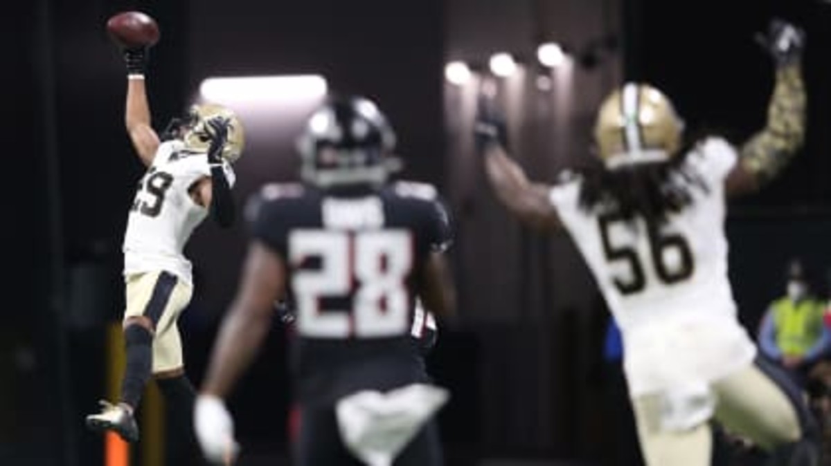 New Orleans Saints CB Paulson Adebo (29) intercepts a pass against the Atlanta Falcons. Credit: neworleanssaints.com